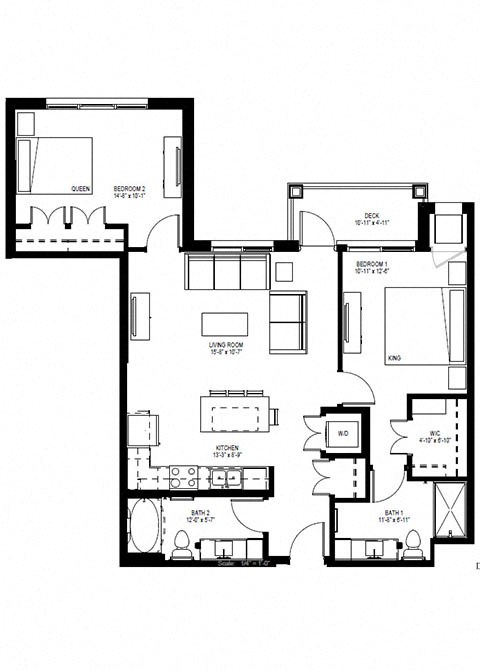 Floor plan for 2 beds, 2 baths, 1000 sqft